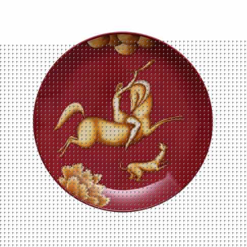 Amazzone con corno, fondo rosso